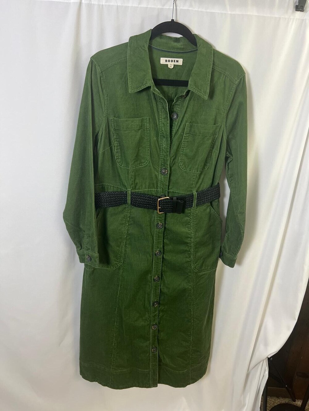 Boden Green Corduroy Shirt Dress with Belt US 12P Button Front - Picture 2 of 14